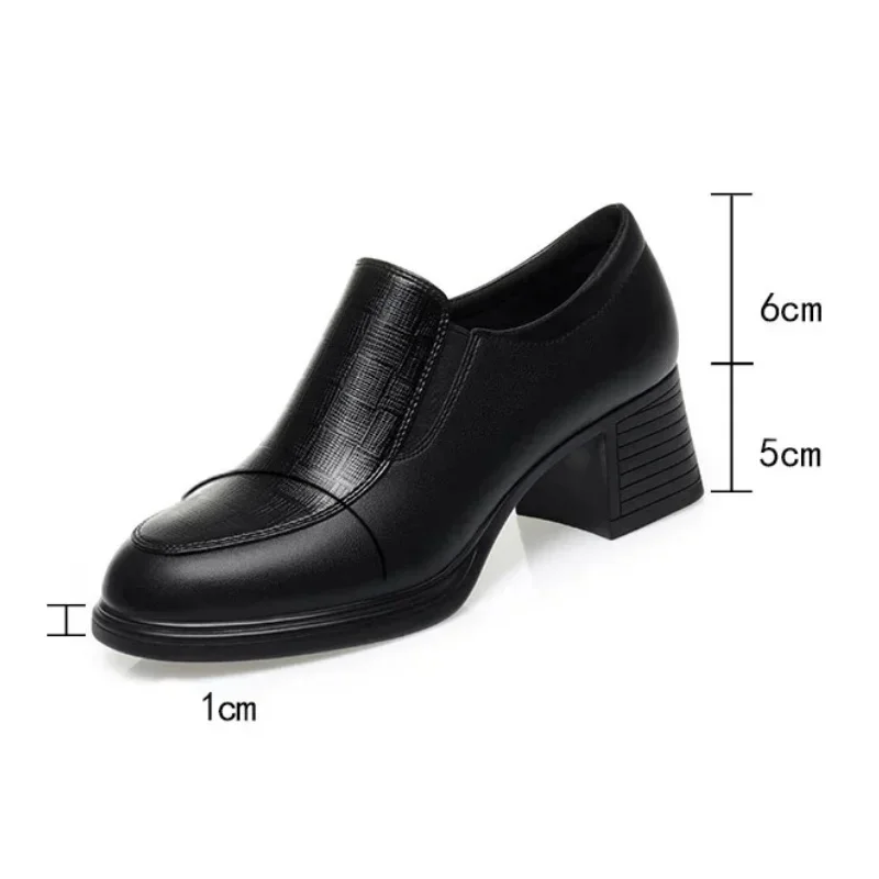 4cm 5cm Vintage Med Block Heels Soft Leather Shoes Women Loafers 2024 Spring Breathable Black Platform Shoes for Office Mom