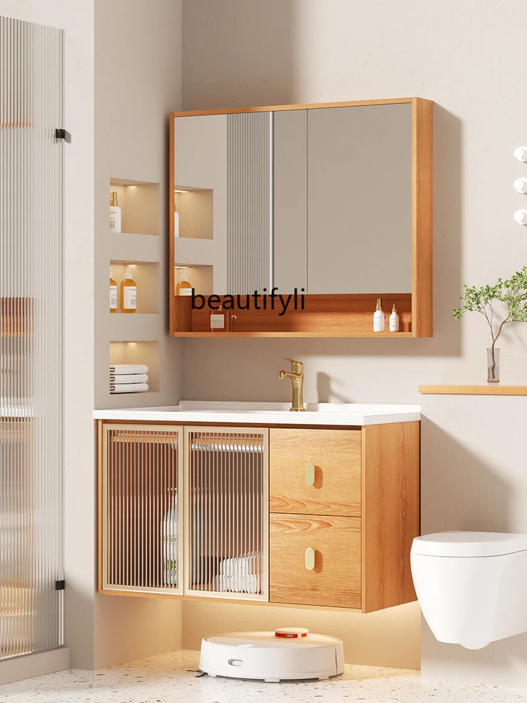 Nordic Rubber Wood Mirror Cabinet Washstand Bathroom Cabinet Combination Ceramic Whole Washbin Hand Washing Washbasin