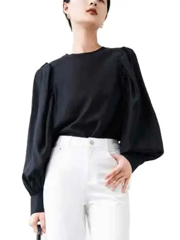 Big Lantern Sleeve Blouse Women Spring Autunm thin Lyocell Shirts Office Work Blouse Solid Vintage Artificial silk tops 5XL