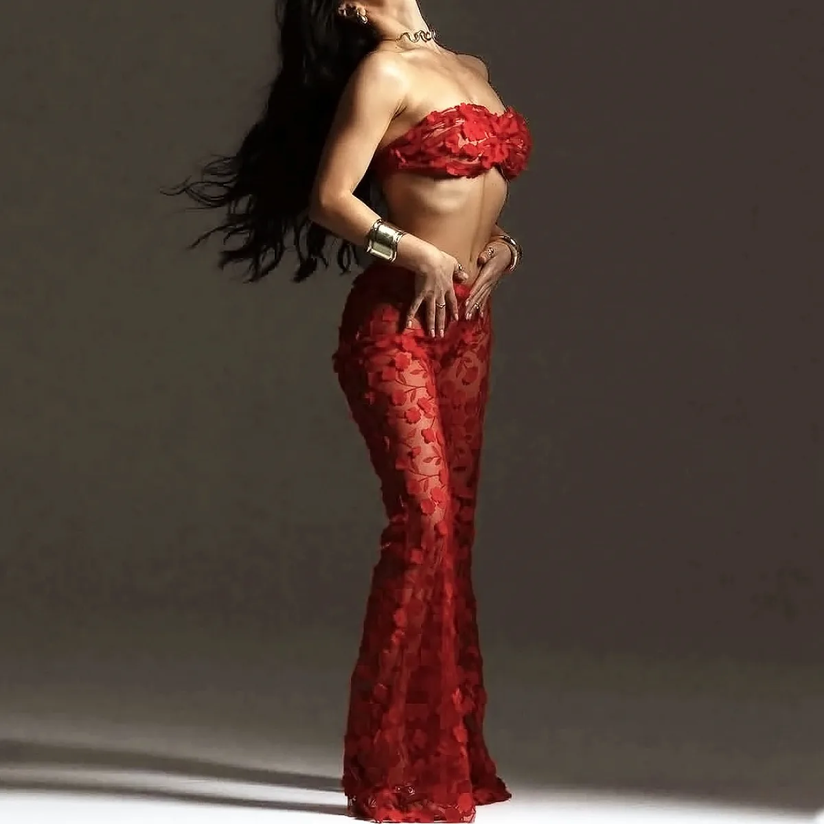 European And American New Red Three-dimensional Flower Perspective Design Sexy Fishtail Underwear Set Three Piece Set