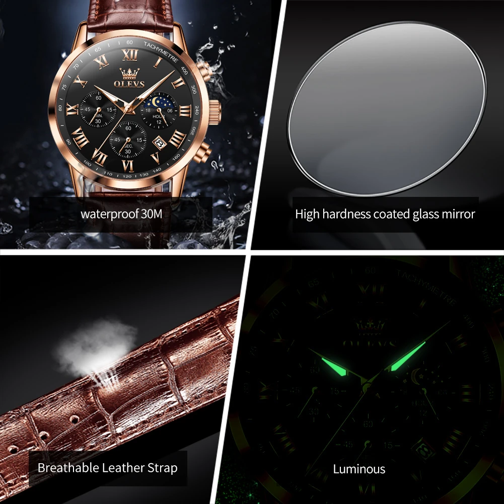 OLEVS 5529 Sport Quartz Watch Gift Genuine Leather Watchband Round-dial Wristwatch Moon Phase Chronograph Calendar Luminous
