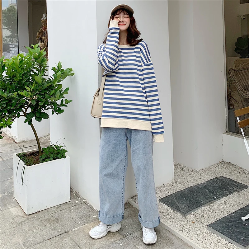 autumn new cotton Oversize Hoodies Women O-Neck stripe Leisure Simple Korean Pullovers femme Kpop black thin Sweatshirts Clothes