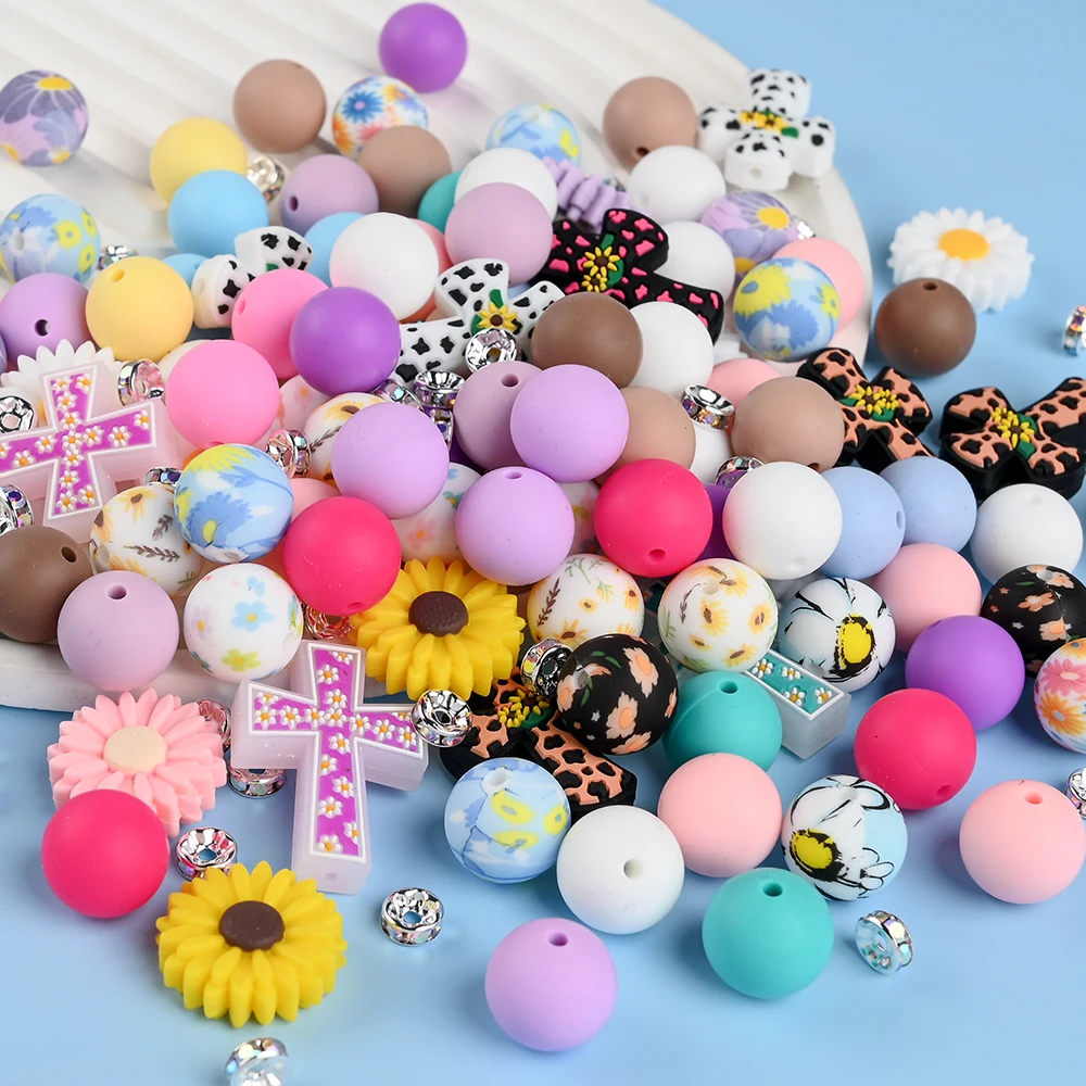 

47Pcs Cross Daisy Silicone Focal Beads Round Silicone Bead Sets For DIY Baby Pacifier Chain Teether Bracelet Accessories