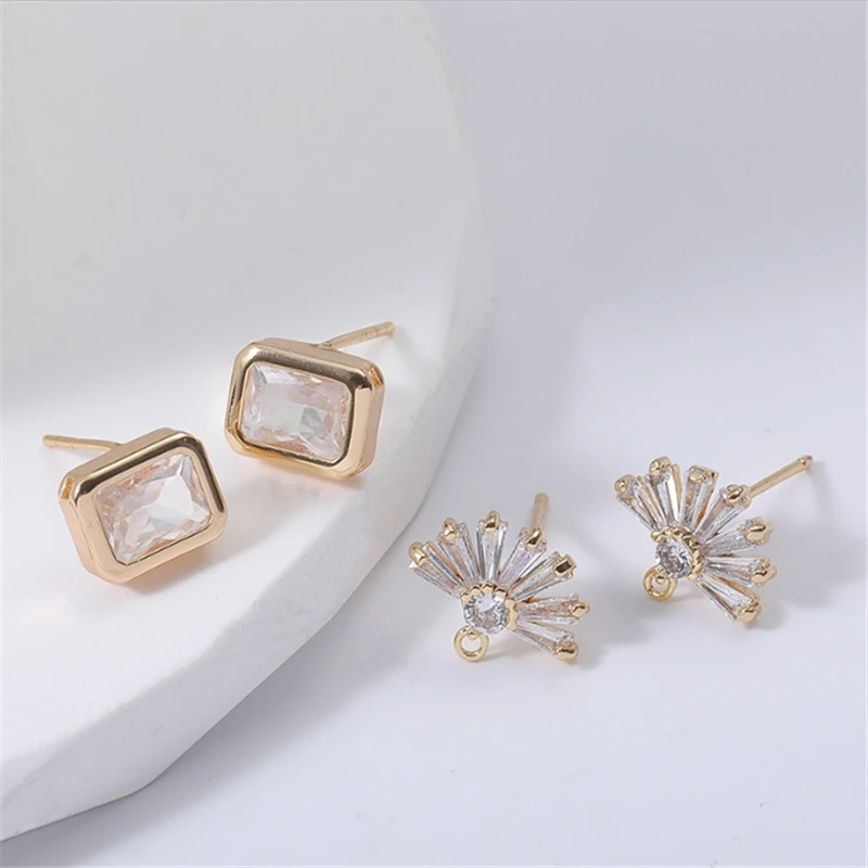 

10 Pcs New Gold Plated Brass CZ Crystal Square Fan Ear Stud Hooks For DIY Earrings Jewelry Making Crafts Ear Needle Accessories