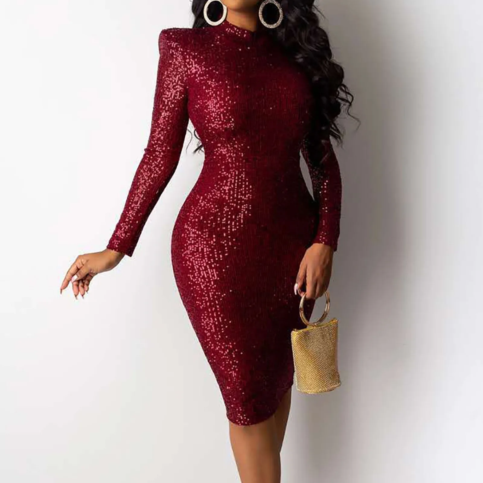 Vestido de cocktail feminino moda manga longa tripulação pescoço glitter brilhante lantejoulas magro bodycon vestido vermelho sexy formal vestido de baile