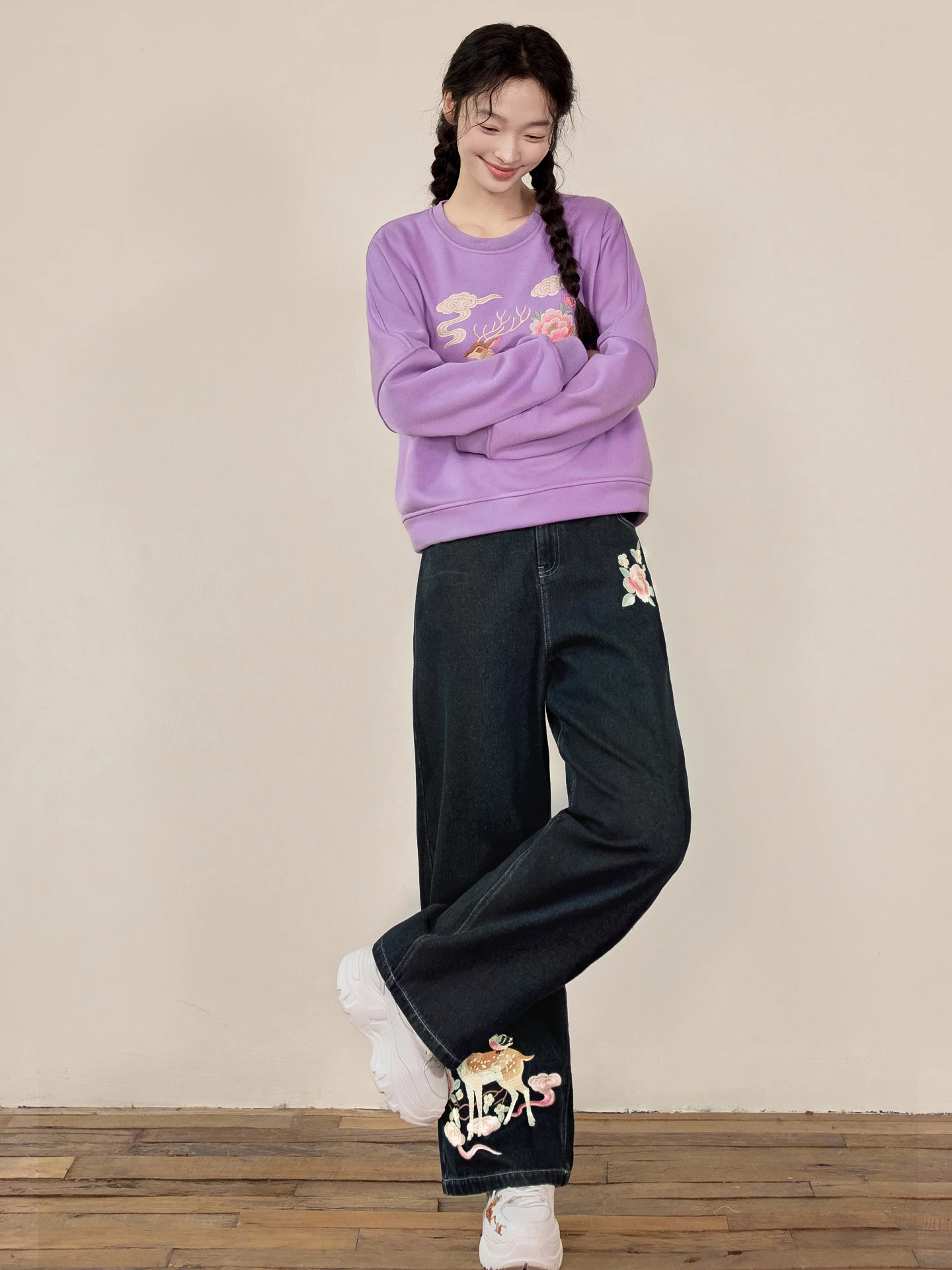 

Женские джинсы с цветочной вышивкой, прямые, из хлопка, весенние, модные, свободного кроя, без стрейча, с высокой талией