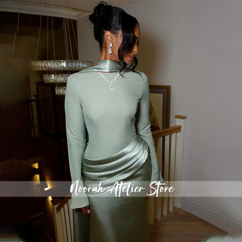 

New Classic Mermaid O-Neck Long Satin Dresses Formal 2026 for Women Long Sleeve Pleat Simple Prom Gown Customized