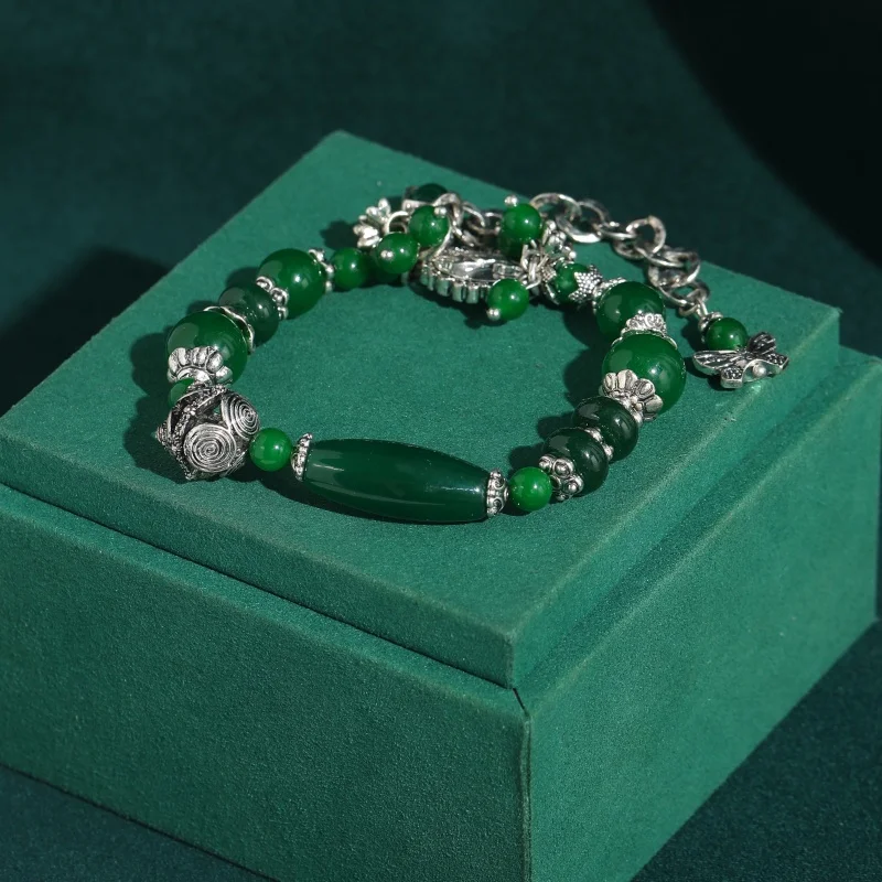 

Винтажный браслет с цепочкой и зеленым изумрудом, натуральный камень, ретро-дизайн, серебристый цвет, подарок на день рождения, ювелирное украшение для женщин, 2026