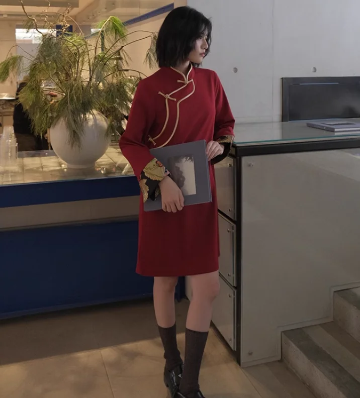 

Chinese Xizang Style Retro Women's Tibetan Red Cheongsam Dress