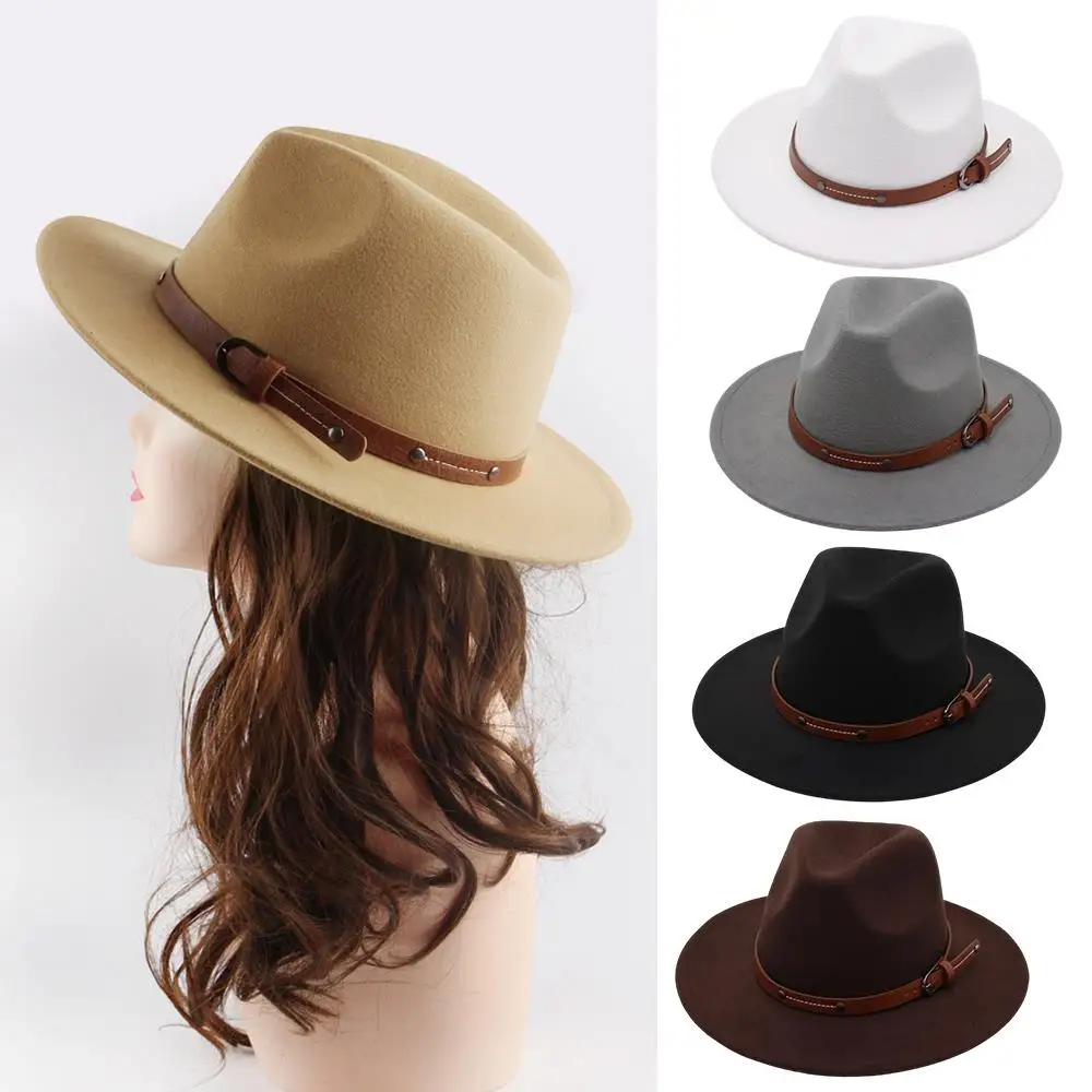 

Rivet Belt Buckle Cowboy Hat Wool Fedora Hat Outdoor Casual Jazz Hat Church Top Hat British Flat Brim Felt Wide Brim Fashion Hat