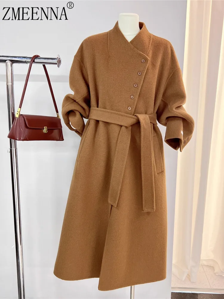 

ZMEENNA Womens Luxurious Cashmere Wool Blend Long Wrap Coat High Collar Tie Waist Camel Brown Winter Warm Outerwear ZM4666