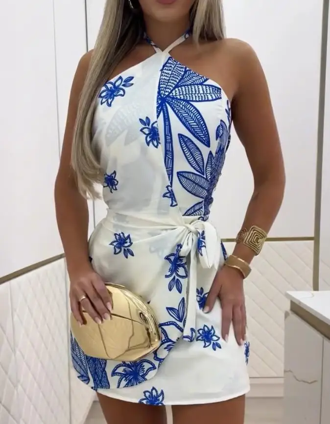 

Jumpsuits Women Summer 2025 New Fashion Women's Casual Tropical Print Halter Sleeveless Tied Detail Romper