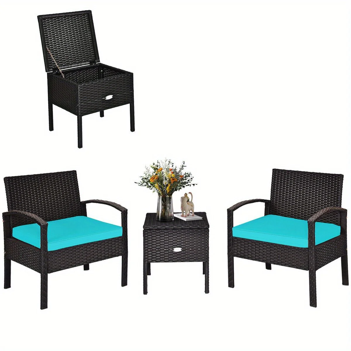 

3PCS Patio Rattan Furniture Set Storage Table Cushioned Sofa Turquoise