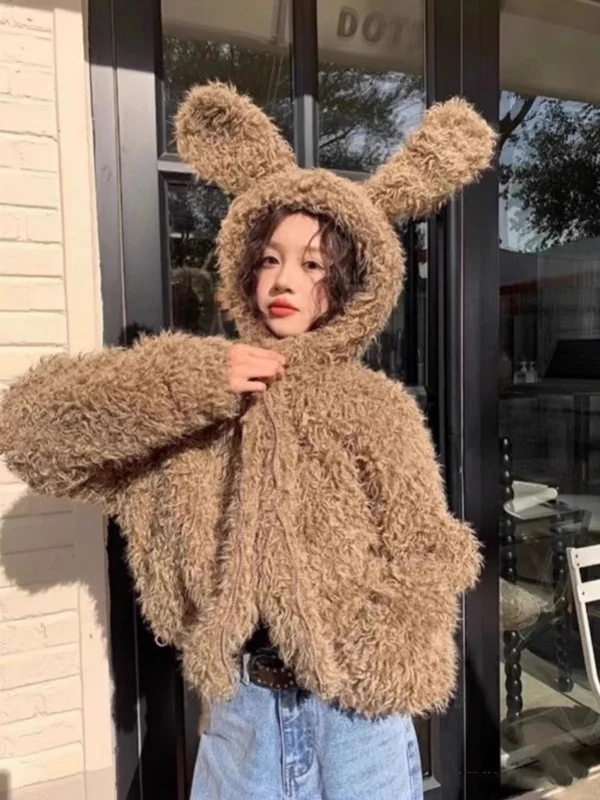 キュートなウサギ耳付きコート レディース 秋冬新作 スタイリッシュ フェイクファー ラムファー コットンジャケット ゆったり かわいい ウィンドブレーカー