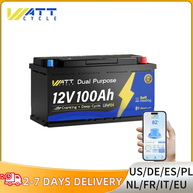 

Wattcycle Marine Cranking Battery / Energy Storage Dual Purpose 12V 100Ah LiFePO4 Battery 1200CCA Self-Heating with Bluetooth