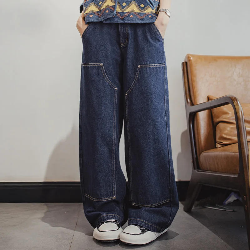Maden Women's 10.5oz Denim Jeans Straight-Leg Casual Pants with Twill Texture YKK Zipper Suede Leather Patch Blue Fall Trousers