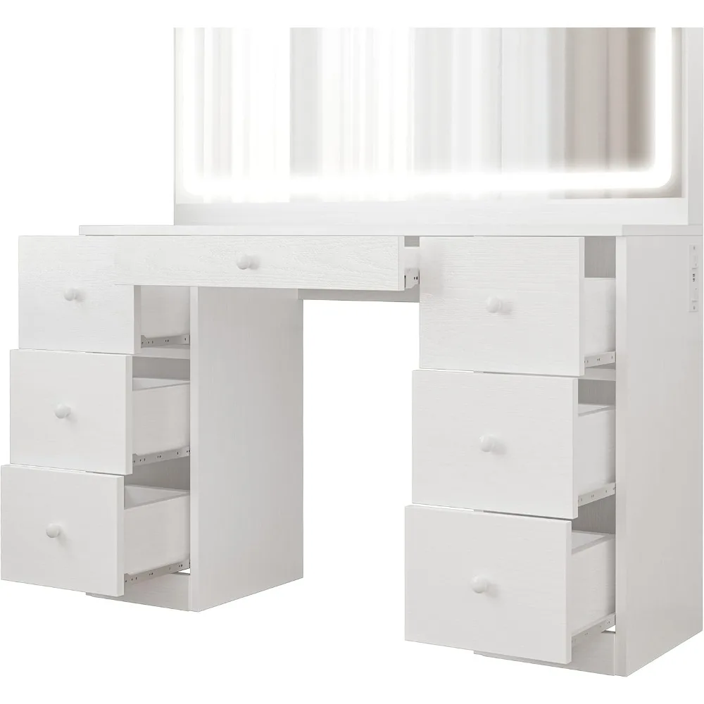 Vanity Desk Set with LED Lighted Mirror & Power Outlet, 7 Drawers Makeup Vanities Dressing Table with Stool, for Bedroom, White