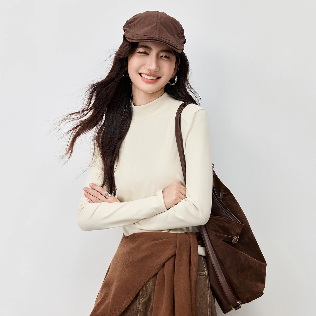 

SENTUBILA Simple Women's Long Sleeve T-Shirts 2025 Winter Multicolour Half High Neck Knitted Tees Loose Basic Top W54SF3967