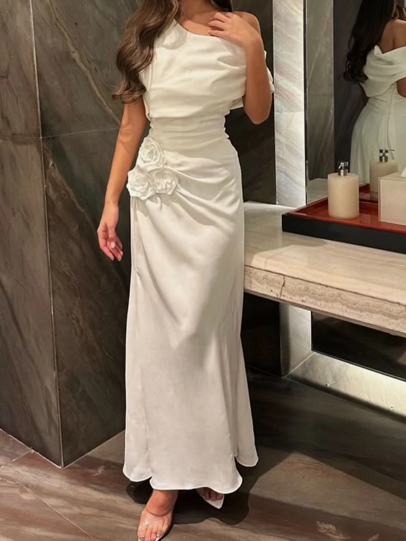 

Oisslec Dress Elegant Vintage Simple Ivory Flowers One Shoulder Customize Formal Occasion Prom Dress Evening Party Gowns