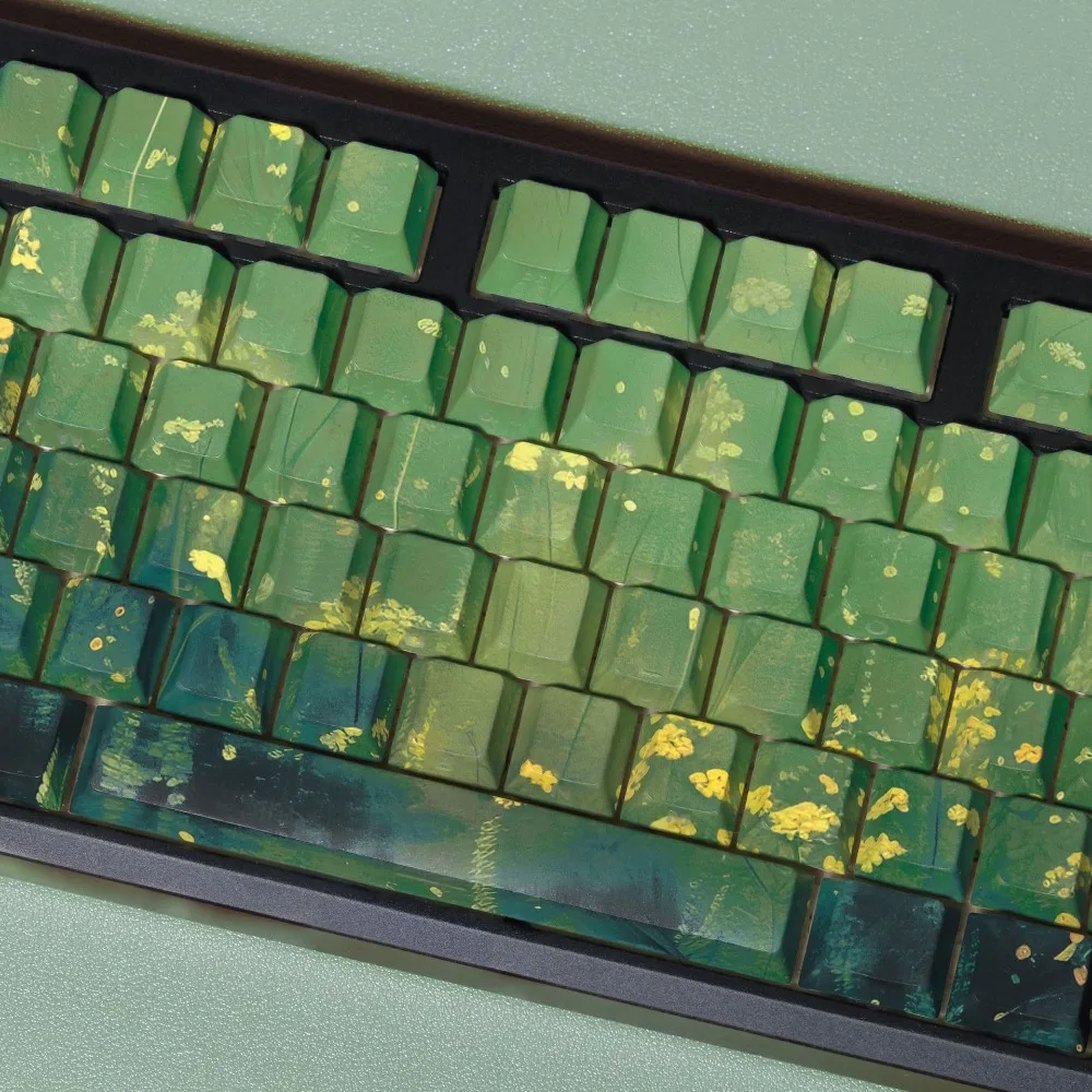 Midsummer Double Engraving Light Transmission Pbt Original Full Set of Keycaps Korean Russian European Green Magnetic Axis