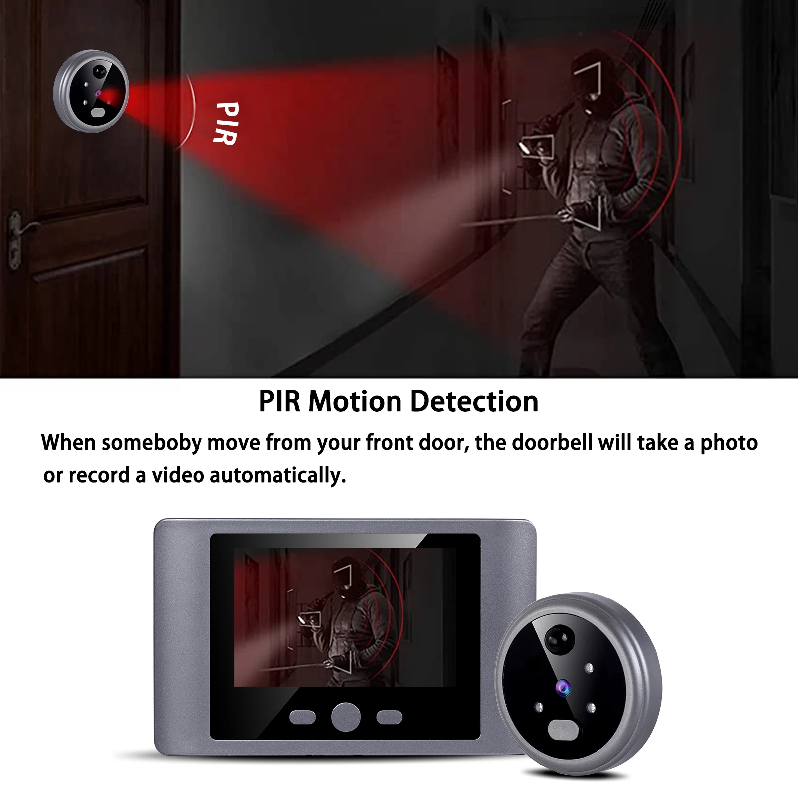 Doorbell Peephole 2.8in LCD Screen Smart Wireless Door Viewer Camera PIR Motion Detection 90° Wide Angle Night Vision Door Bell