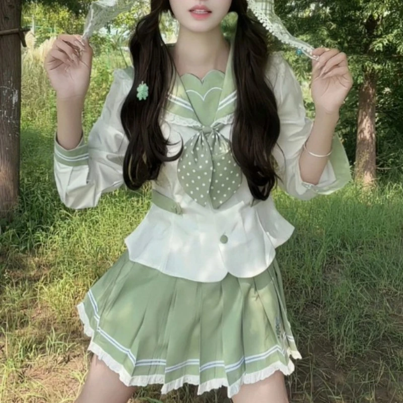 

Японские корейские летние кружевные топы в стиле Лолиты JK + уличная одежда Kawaii, плиссированные короткие юбки с завязками на талии, новинка 2025 года, женский комплект из двух предметов