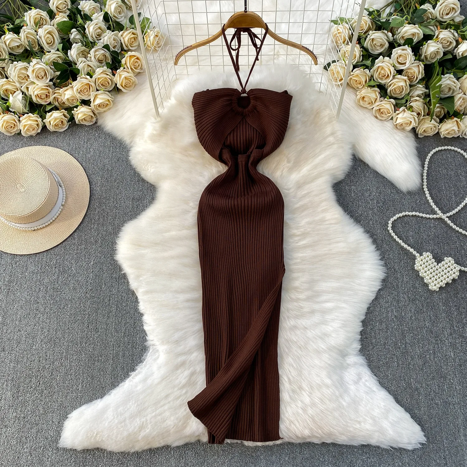 YuooMuoo Estilo de férias sexy envoltório quadris dividir vestido de verão de malha 2026 novo y2k halter magro longo bodycon vestido de festa praia robe