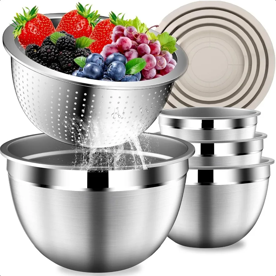 

Stainles Steel Mixing Bowls with Lids Set Stackable Metal Mixing Bowl with Strainer 5Piece Beige