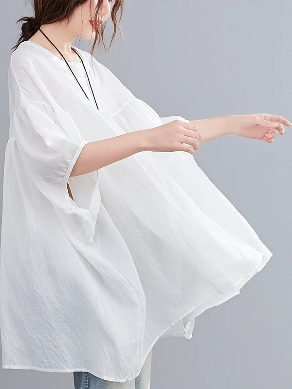 

Свободный женский топ-рубашка с рукавами «летучая мышь» и круглым вырезом, однотонный, в стиле «кукла», скрывающий живот, стройнящий, модный, повседневный, для работы и отдыха