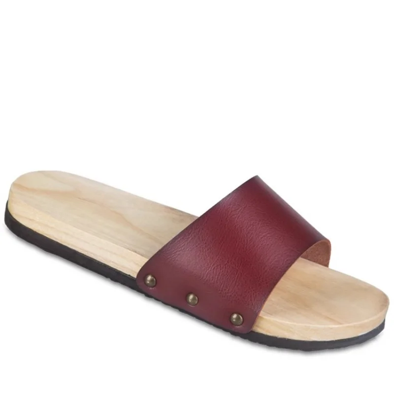 

Summer Men's Outdoor Wooden Slippers Leather Casual Sandals Flat Heel Clogs Beach Slippers Japan Geta Cosplay Shoes