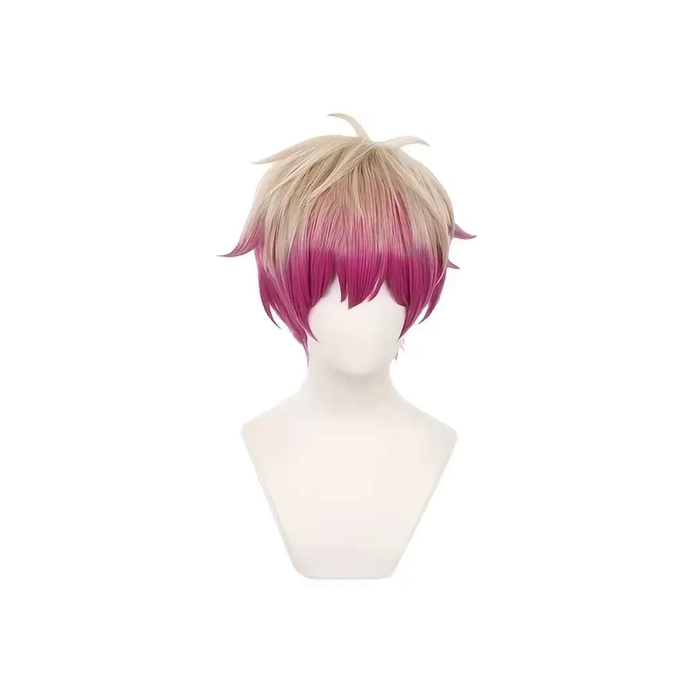 Short Blonde and Rose Pink Gradient Synthetic Cosplay Wig for Anime Characters, Layered Fluffy Style with Natural Curl Ends