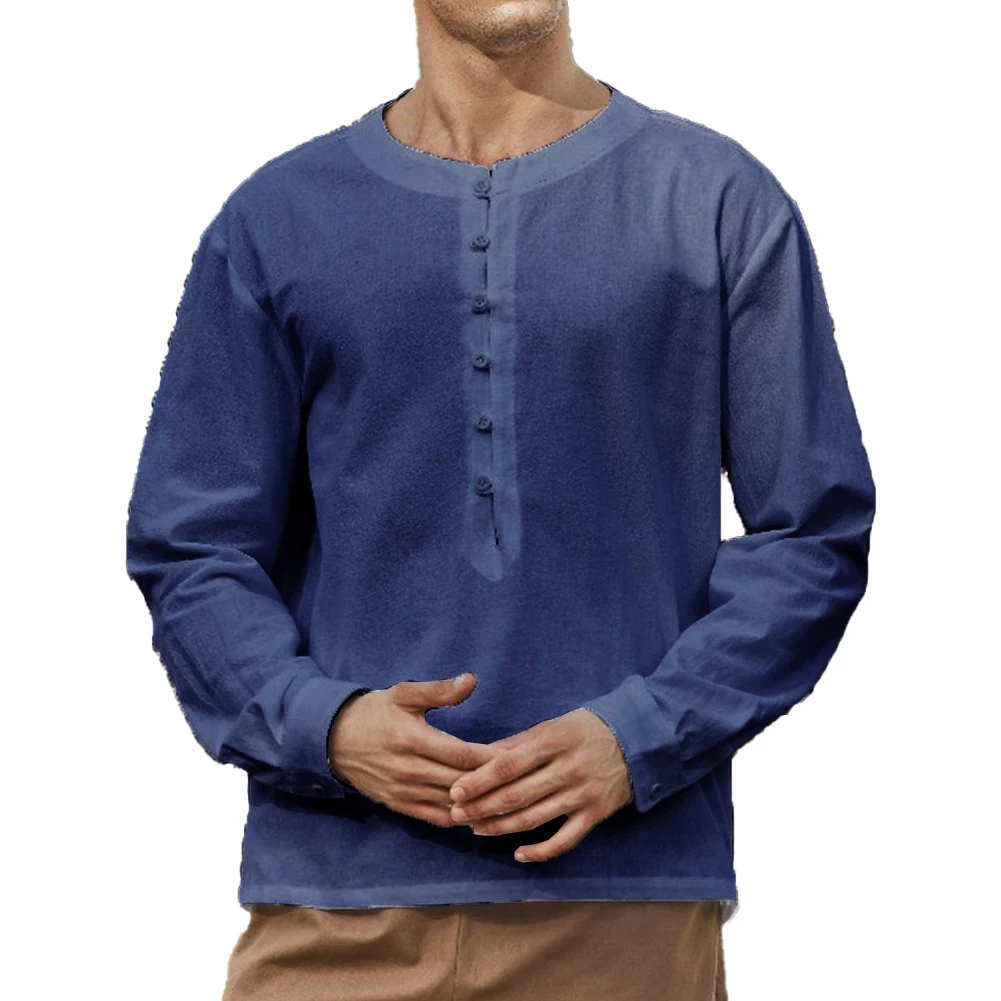 Autumn Casual Holiday Spring Men Shirt Button Top Solid Solid Color Stand Stand Collar Blouse Button Top Collar