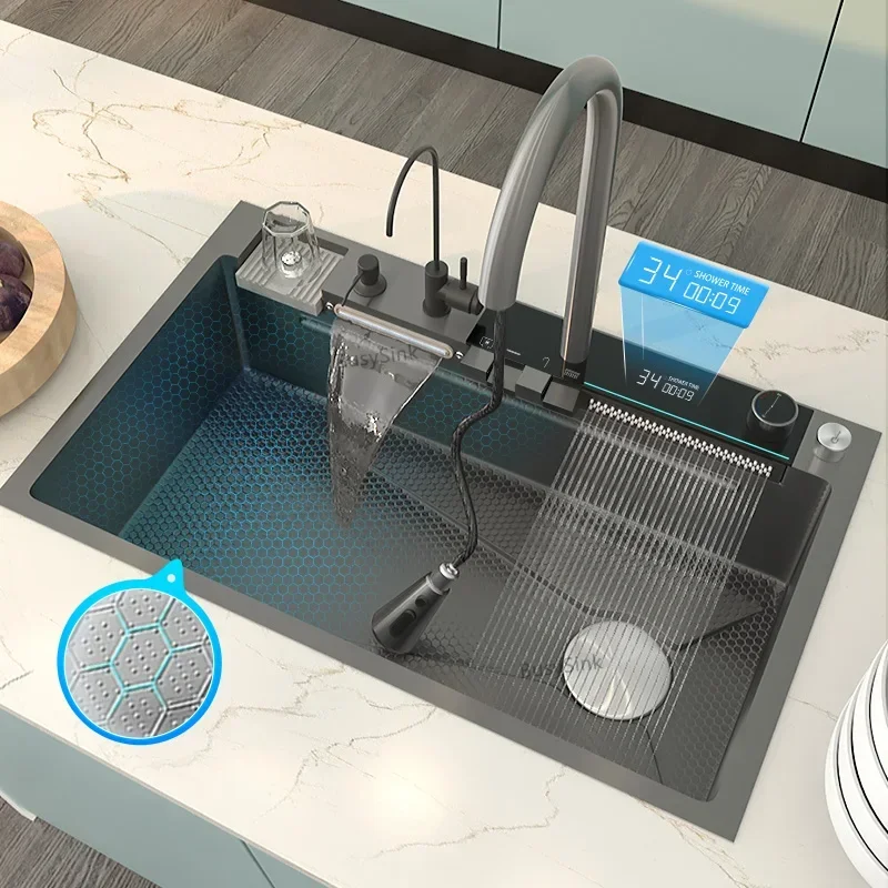 

Kitchen Sink Stainless Steel Double Waterfall Embossed Large Single Slot Multifunction Digital Display Washbasin For Kitchen