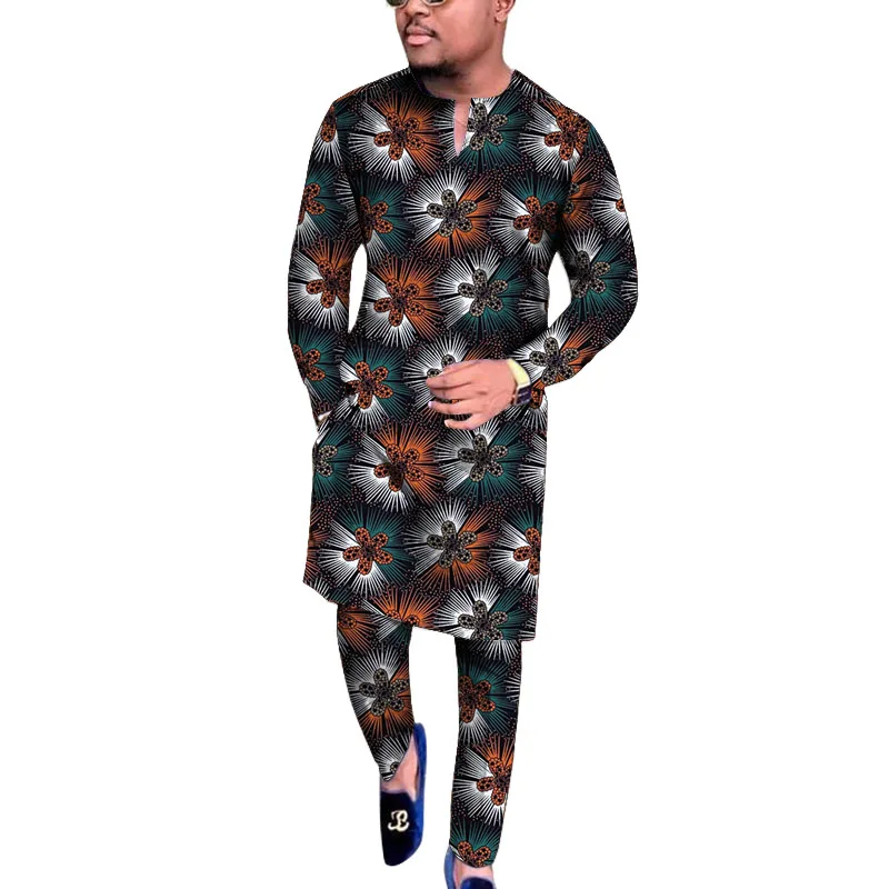 

Nigerian Fashion Men's V-Neck Shirts With Print Trousers African Wax Garment Male Pant Sets Traditional Wedding Party Wear