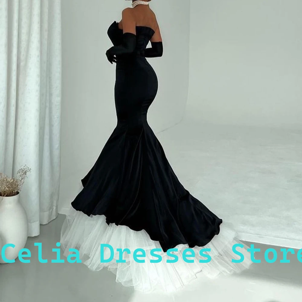 Mermaid Strapless Evening Dresses Sexy Black White Prom Gowns Formal Saudi Arabric Prom For Women Sweep Train Vestidos De Fiesta