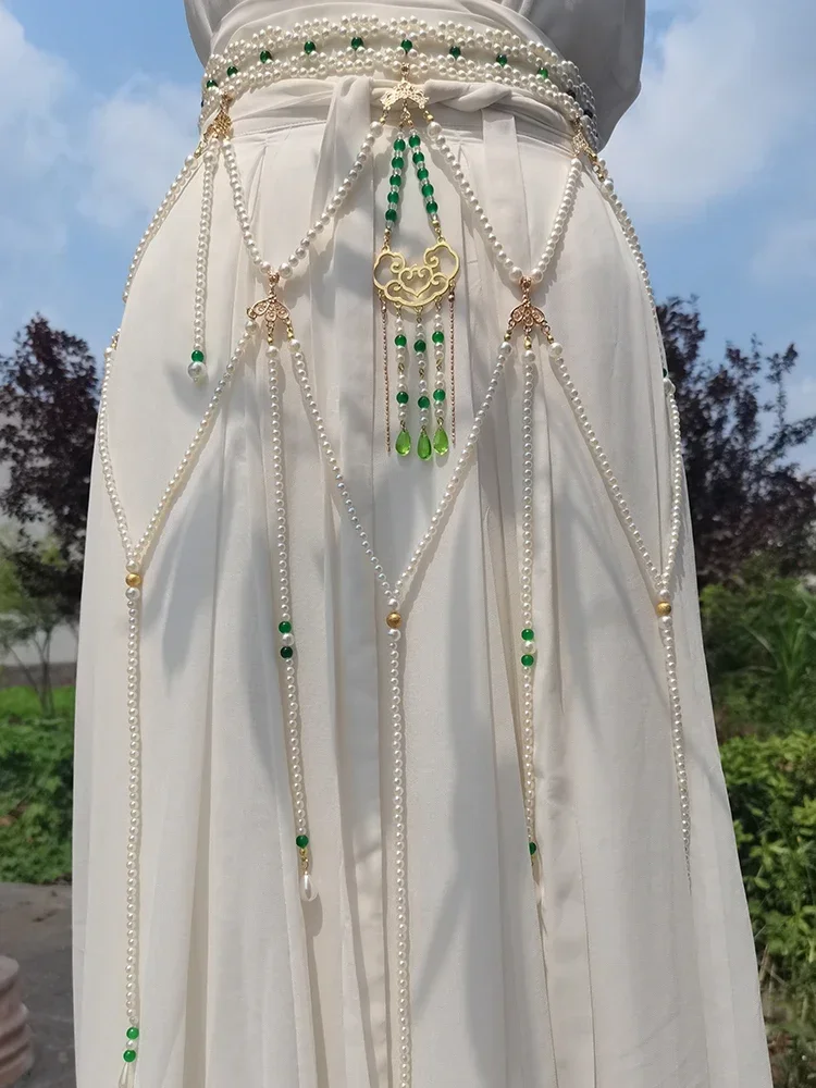 Jiang Wei'er Tang Feng long fringed waist chain imitation pearl handmade beaded parent-child Hanfu accessories Chinese style