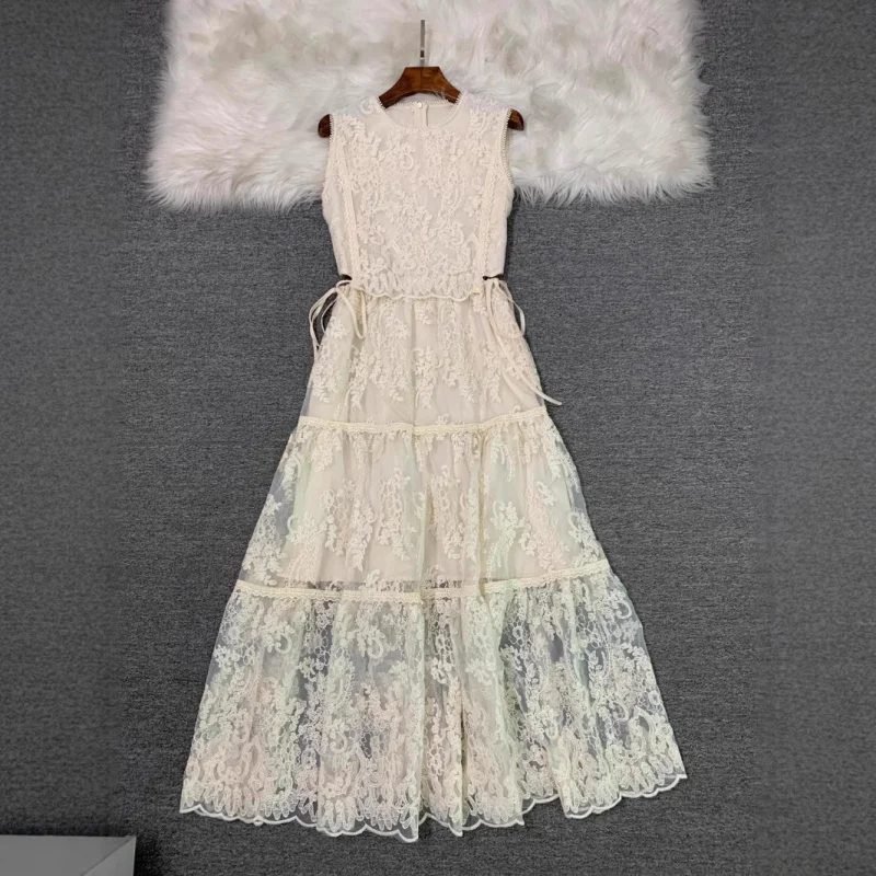 

2025Summer New Fashion Versatile French round Neck Sleeveless Embroidery Stitching Organza Dress