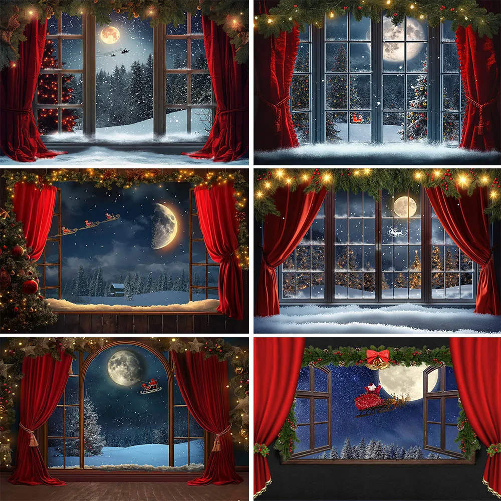 

Mocsicka Christmas Full Moon Photography Backdrops Wooden Window Snow Nights Red Curtain Baby Child Photo Background Shoot Props