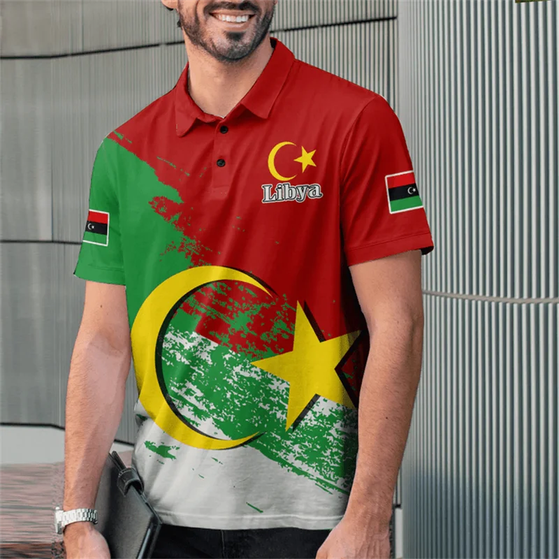 Libya 3d Print Flag Polo Shirt For Men LY Libyan National Emblem T-shirt Summer Casual Street Lapel Short Sleeve GYM Tops Shirts