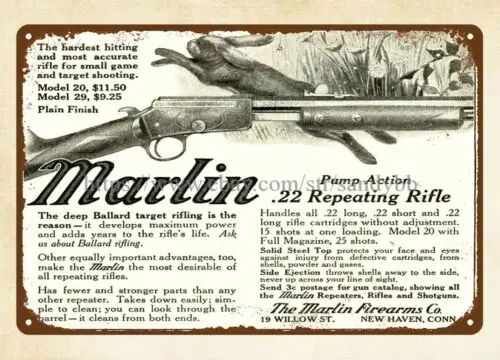 1914 fiream Marlin Repeating Rifles hunting rabbit gun metal tin sign wall deco