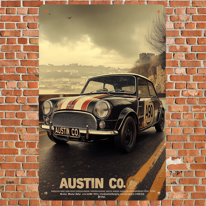 Vintage Austin Car Poster - Retro Metal Tin Sign,  Black and Red Striped for MG Midget, for Home & Shop Wall Decor, Pre-Drilled