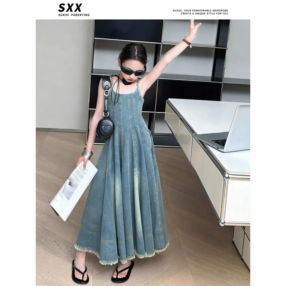 Girls Dress French Style 2024 Summer New Solid Color Denim Sundress Vintage Simple Design Delicate Summer Children Dress