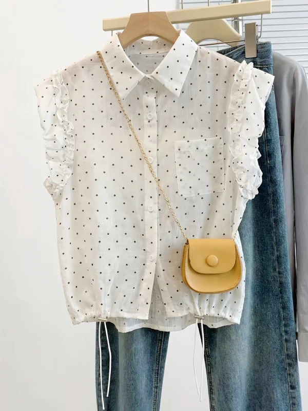 

Summer Polka Dot Short Sleeve Shirt Women's Drawstring Uneven Hem Korean Style plus Size Casual Fashion Commute Wind Shirt