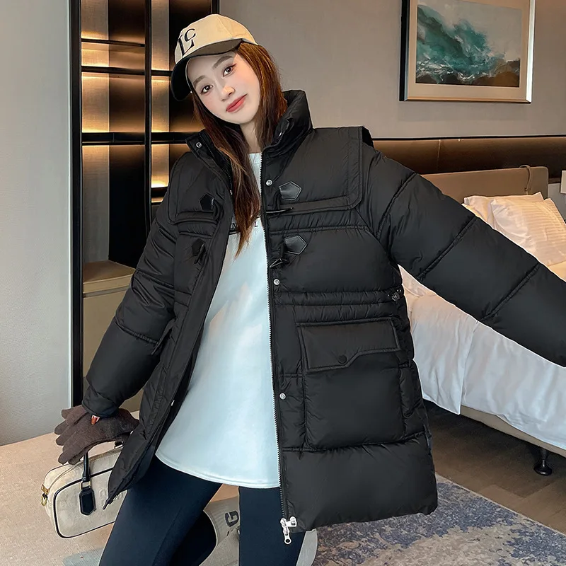 ロングダウン綿入りジャケット女性パーカー 2025 新韓国冬暖かい綿コートルーズオーバーウェアファッションアウターレディーストップス