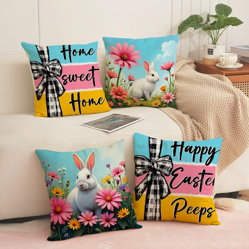 Bunny Cushion Covers 45 x 45 cm Set of 4 Spring Rabbit Decorative for Sofa Couch Bed Home Easter Decor