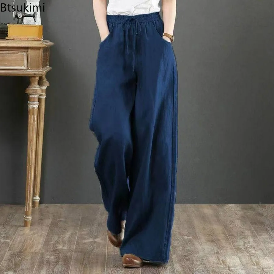 

2024 Women's Spring Summer Casual Cotton Linen Pants Solid High Waist Wide Leg Trousers Solid Trend Female Suit Straight Pants