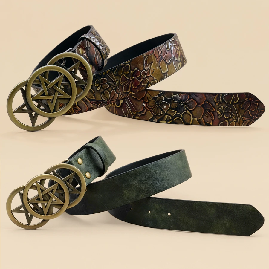 Gothic Pentagram Belt Women Vintage Metal Buckle Two-Tone Embossed Waist Cinch Fashion Accessory - view 4