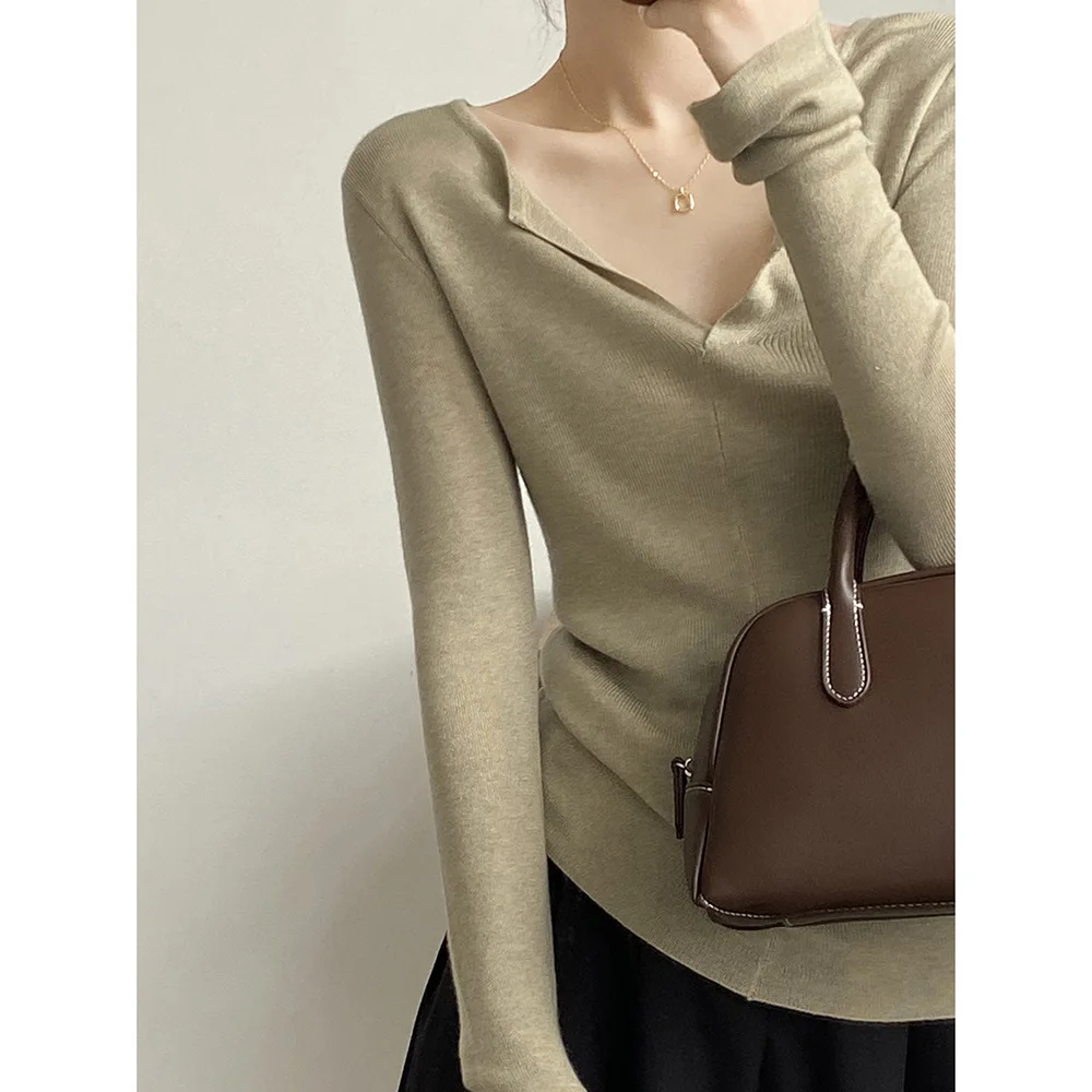 

Women's French V-neck open knit sweater for spring 2025 women's new style inner long sleeved top