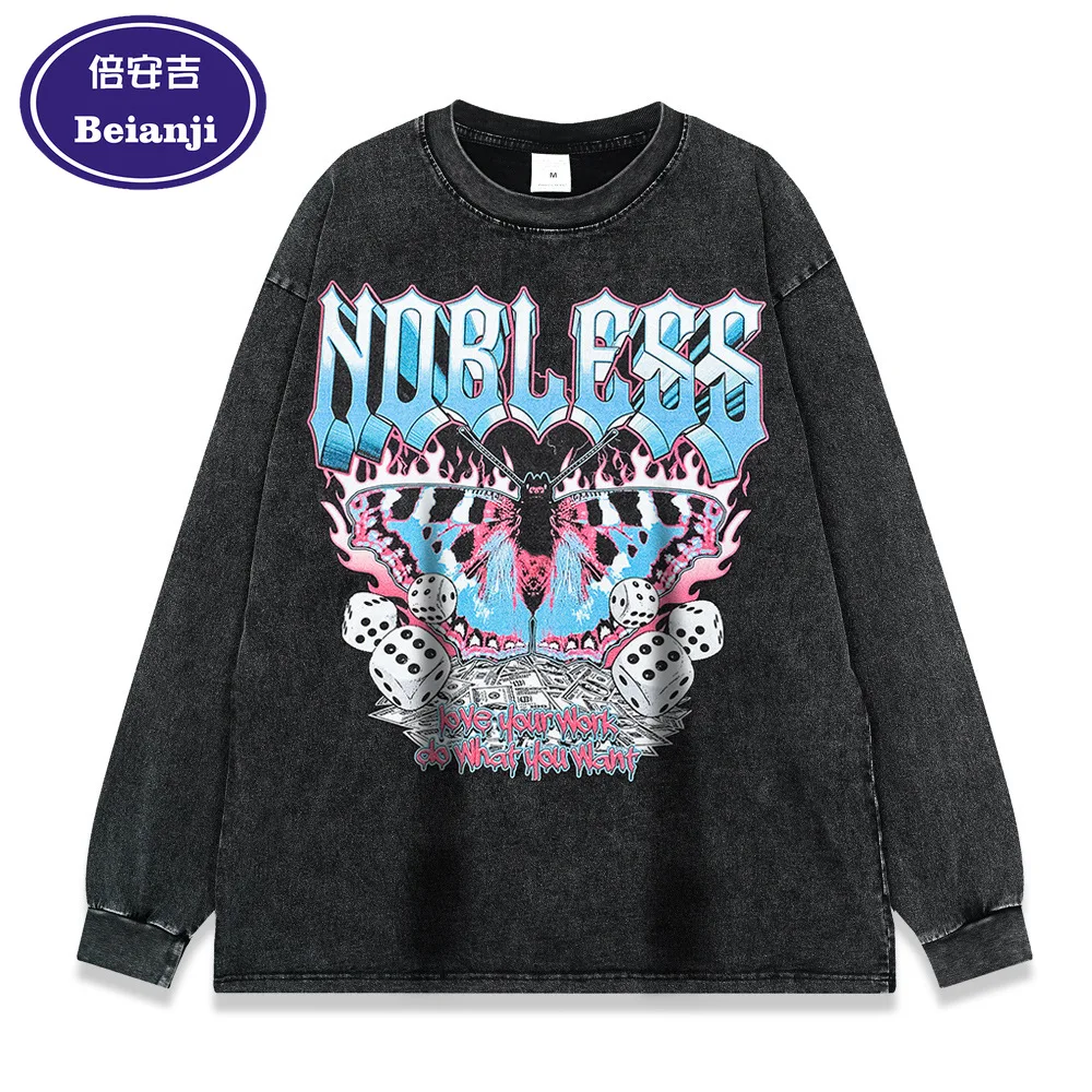 

BEIANJI strange creative printing series street tide heavy washing water old long-sleeved T-shirt men's small collar tide brand