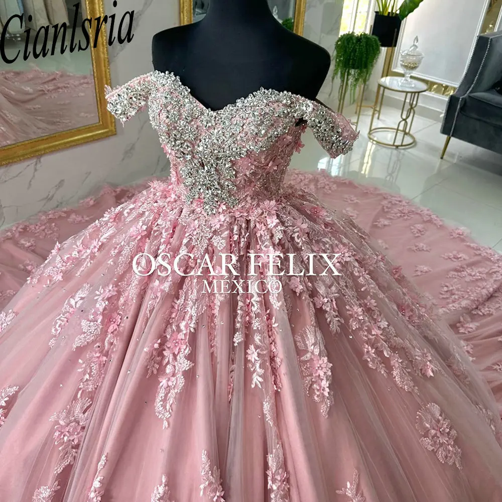 Pink Crystal Beading Off The Shoulder Ball Gown Quinceanera Dresses Appliques Lace Corset Vestidos De 15 Años